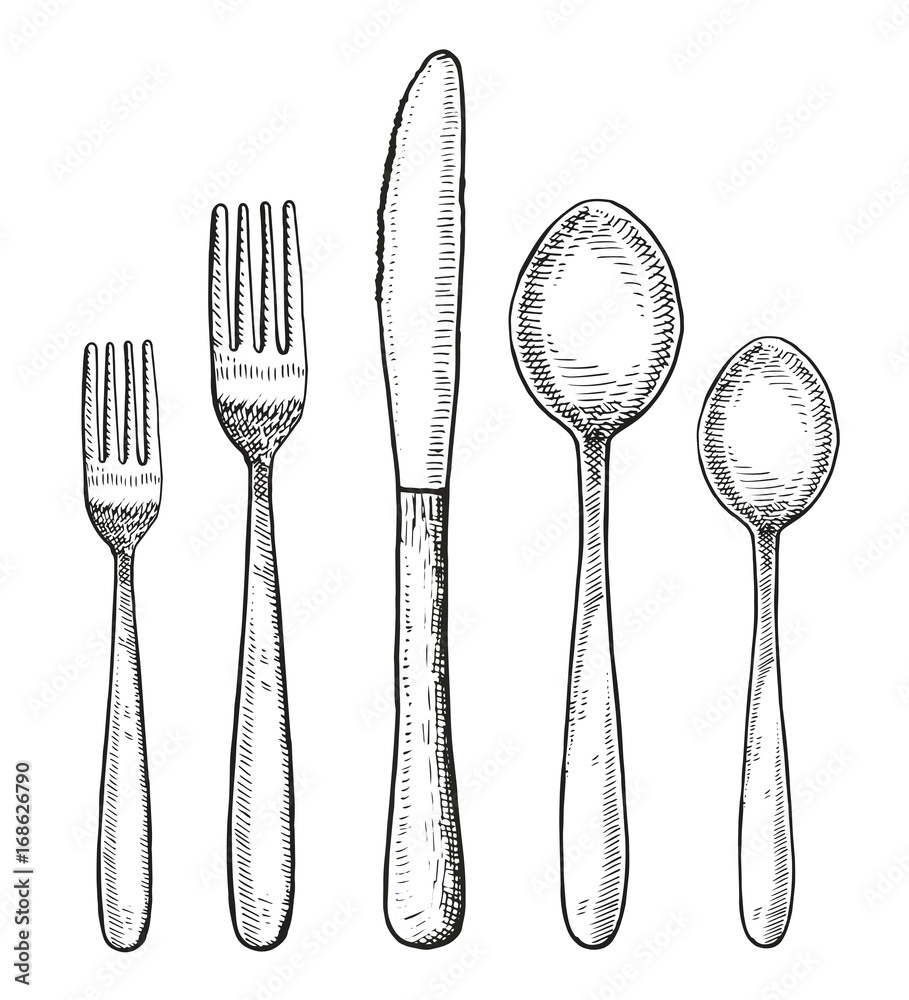 Set of cutlery vector. Spoon fork and knife hand drawing illustration