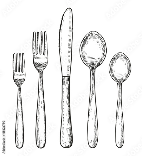 Set of cutlery vector. Spoon fork and knife hand drawing illustration