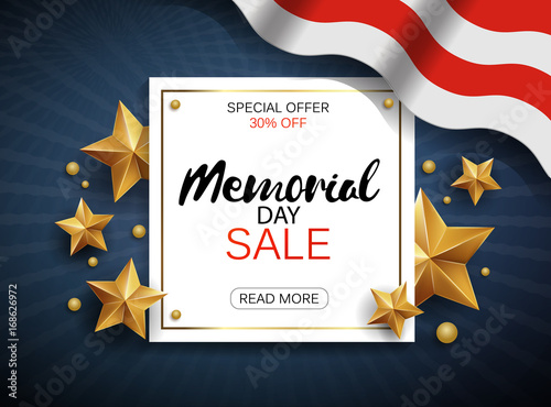 Memorial day sale banner with flag and golden stars. Vector