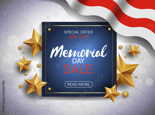 Memorial day sale banner with flag and golden stars. Vector