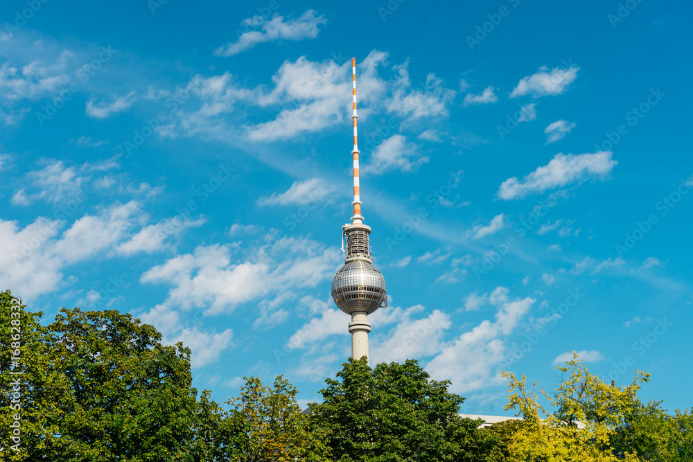 Naklejka premium tv-tower at berlin with green trees and fluffy sky