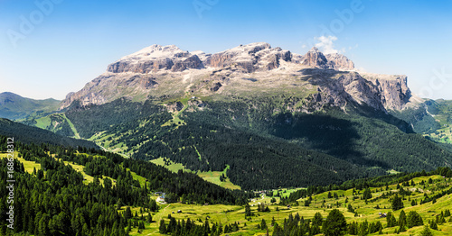 wide panorama of sella massif mount on summer in northern italy