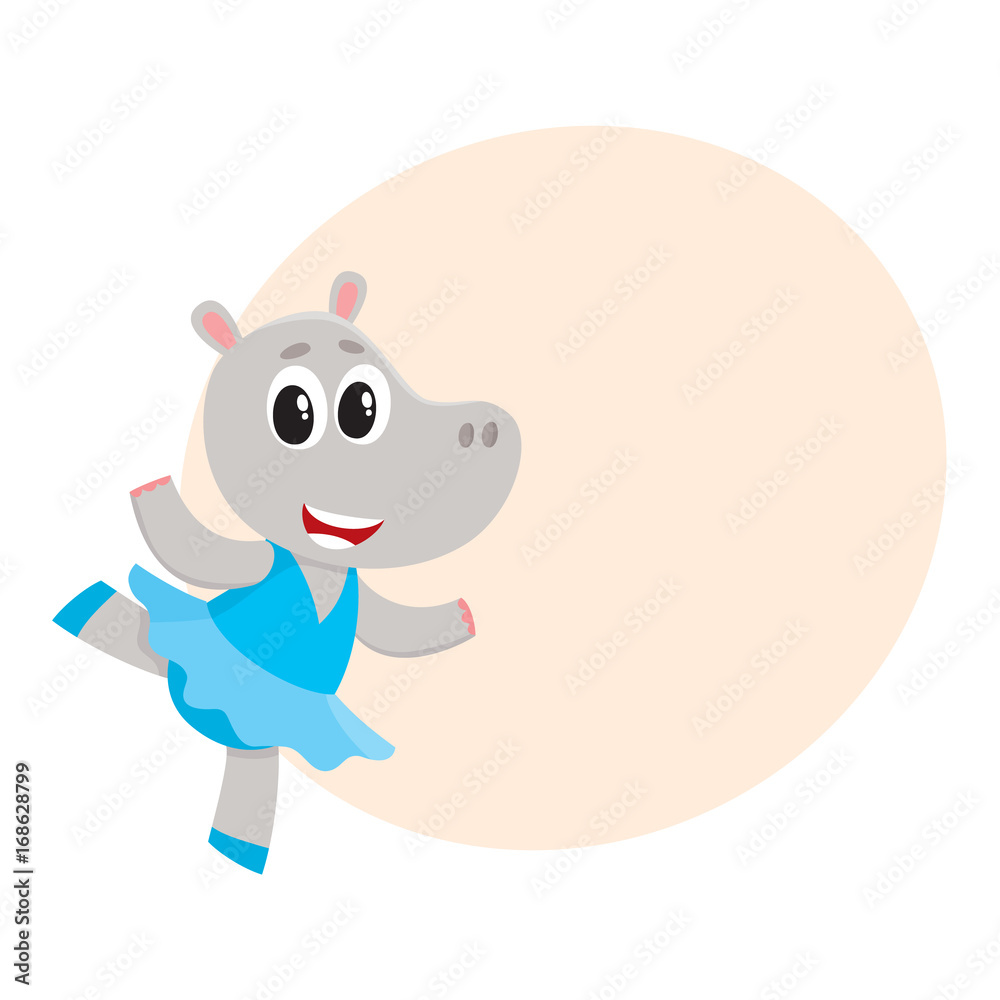 Happy cute little hippo character, ballet dancer in pointed shoes and tutu skirt, cartoon vector illustration with space for text. Little hippo baby animal, ballet dancer, ballerina in tutu Happy cute little hippo character, ballet dancer in pointed shoes and tutu skirt, cartoon vector illustration with space for text. Little hippo baby animal, ballet dancer, ballerina in tutu