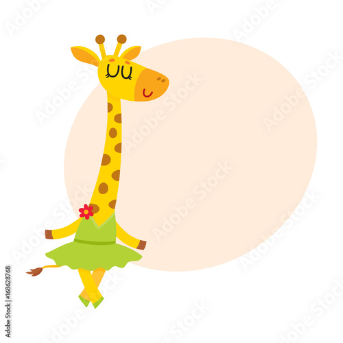 Happy cute little giraffe character, ballet dancer in tutu skirt, cartoon vector illustration with space for text. Little giraffe baby animal, ballet dancer, ballerina in tutu