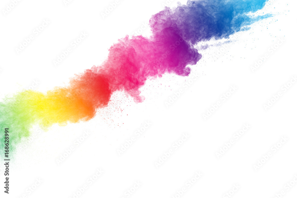 Multicolored powder explosion on white background