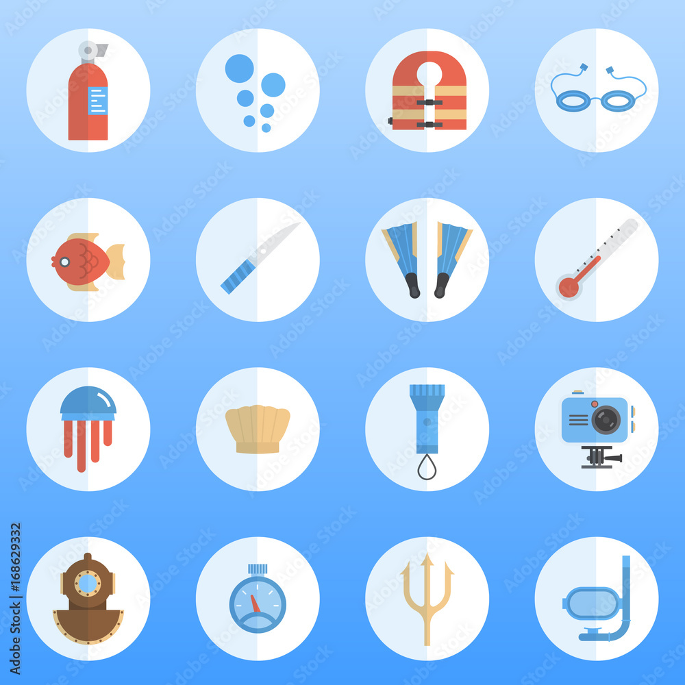 Diving icons in flat style. Diving icons in flat style.