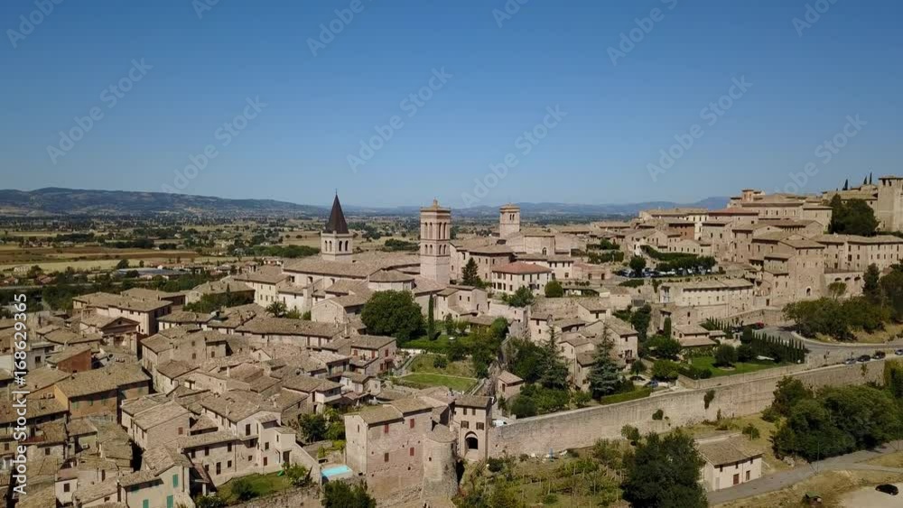 Spello, one of the most beautiful small town in Italy. Drone aerial view of the village Spello, one of the most beautiful small town in Italy. Drone aerial view of the village