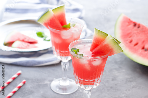 Watermelon cocktail with lemon and mint. Refreshing lemonade close up