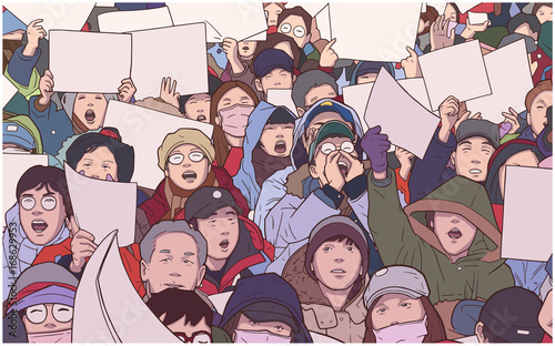 Illustration of mixed ethnic crowd protest with blank signs