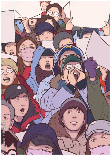 Illustration of mixed ethnic crowd protest with blank signs