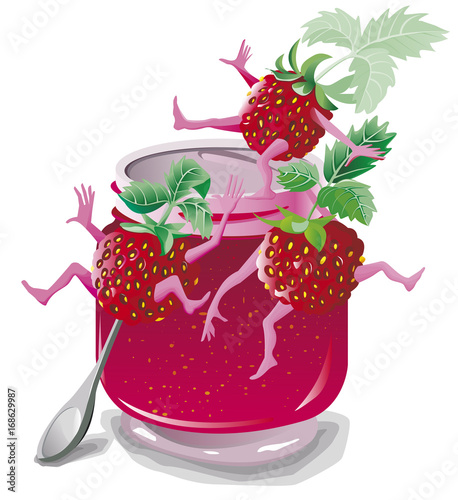 fraises jouant autour d'un pot de confiture