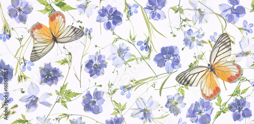 purple flower petals,leaves and butterfly