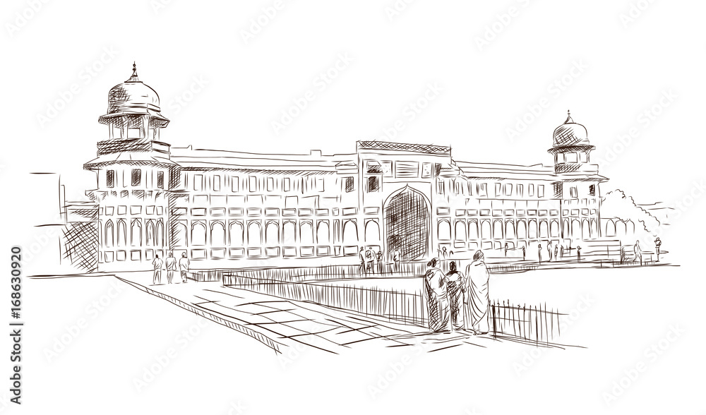 Agra fort in vector sketch illustration. Hand drawn sketch.