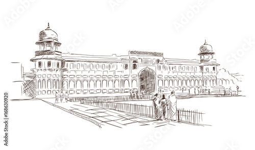 Agra fort in vector sketch illustration. Hand drawn sketch.