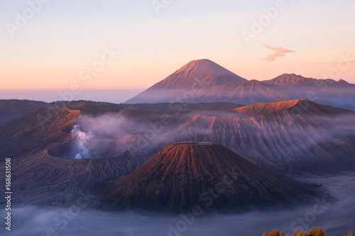 Mount Bromo volcano during sunrise  the magnificent view of Mt.Bromo located in Bromo Tengger Semeru National Park  East Java  Indonesia  Kingkong Hill viewpoint  Penajakan  