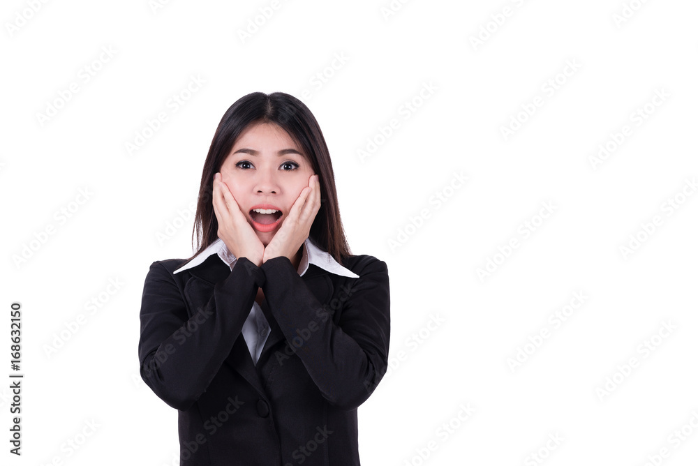 Excited and shocked young Asian businesswoman with hand cover her face isolated on white background background. Excited and shocked young Asian businesswoman with hand cover her face isolated on white background background.