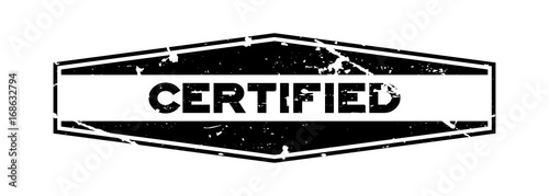 Grunge black certified hexagon rubber seal stamp on white background