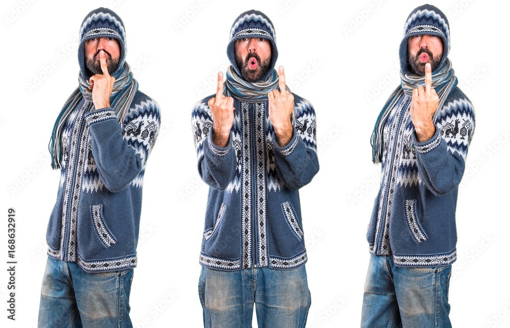 Set of Man with winter clothes making horn gesture