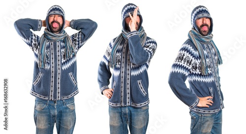 Set of Man with winter clothes making a joke