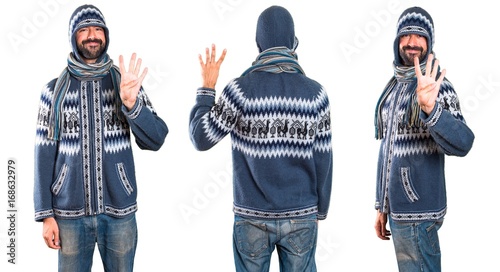 Set of Man with winter clothes counting four