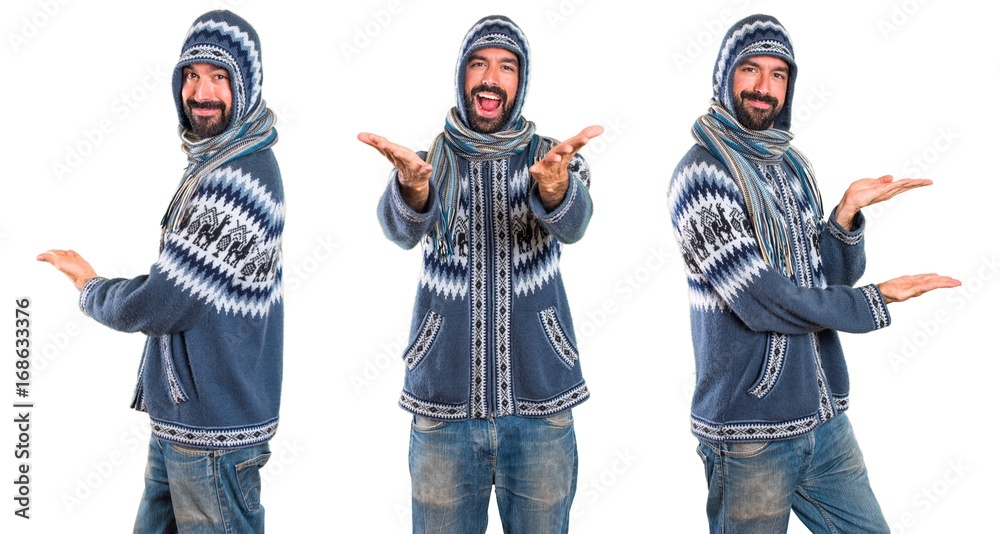 Set of Man with winter clothes presenting something