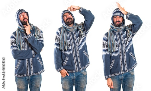 Set of Man with winter clothes having doubts