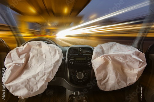 Tableau sur toile Air bag and Front windshield cracked by accident.