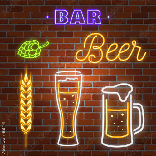 Retro neon Beer Bar sign on brick wall background.