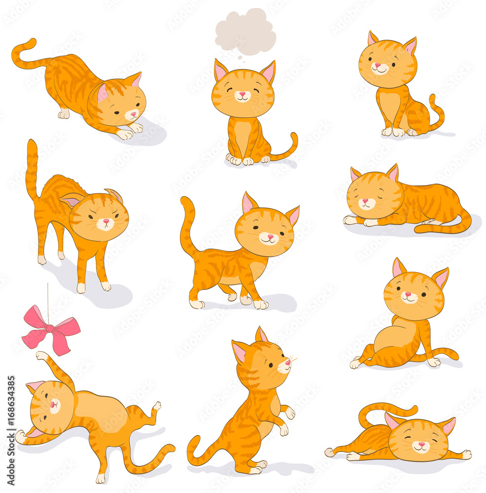 Fototapeta ładny kot w różnych pozach. kotek kreskówka marzy, żebrze, stoi, siedzi, chodzi, łapie, odpoczywa, boi się, gra z łukiem. zestaw pomarańczowy pręgowany kotek na białym tle. ilustracji wektorowych
