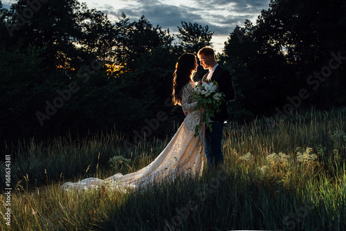 Newlyweds are standing and hugging outdoors, backlight, low key photo