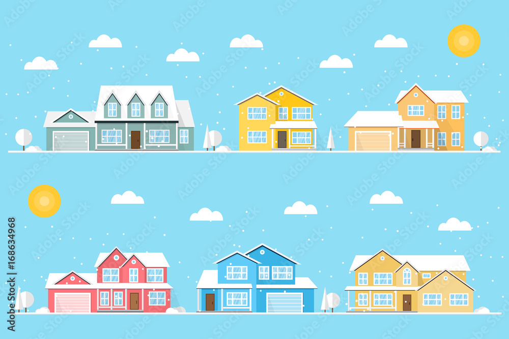 Neighborhood with homes and snowflakes illustrated on the blue background.