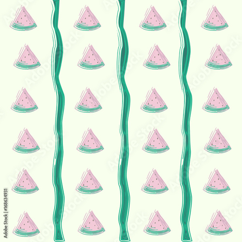 Vector watermelon texture on green background. Cute seamless vector pattern with watermelon slices. Good for covers, banners, poster, print and other design