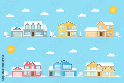 Neighborhood with homes and snowflakes illustrated on the blue background.