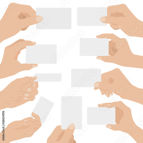 Collage of woman hands holding white card