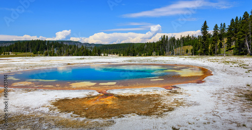 Landscape of Beauty Pool in the Upper Geyser Basin of Yellowstone National Park. It is connected to the nearby Chromatic Pool.