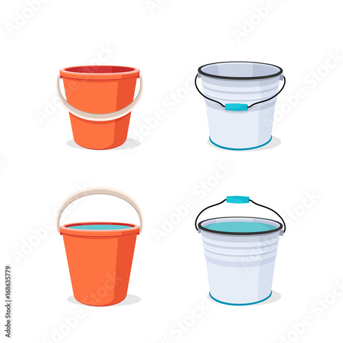 Buckets set. Flat vector illustration. Bucket empty and with water.
