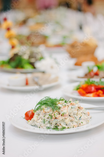 Russian salad olivie for new year or christmas celebration.