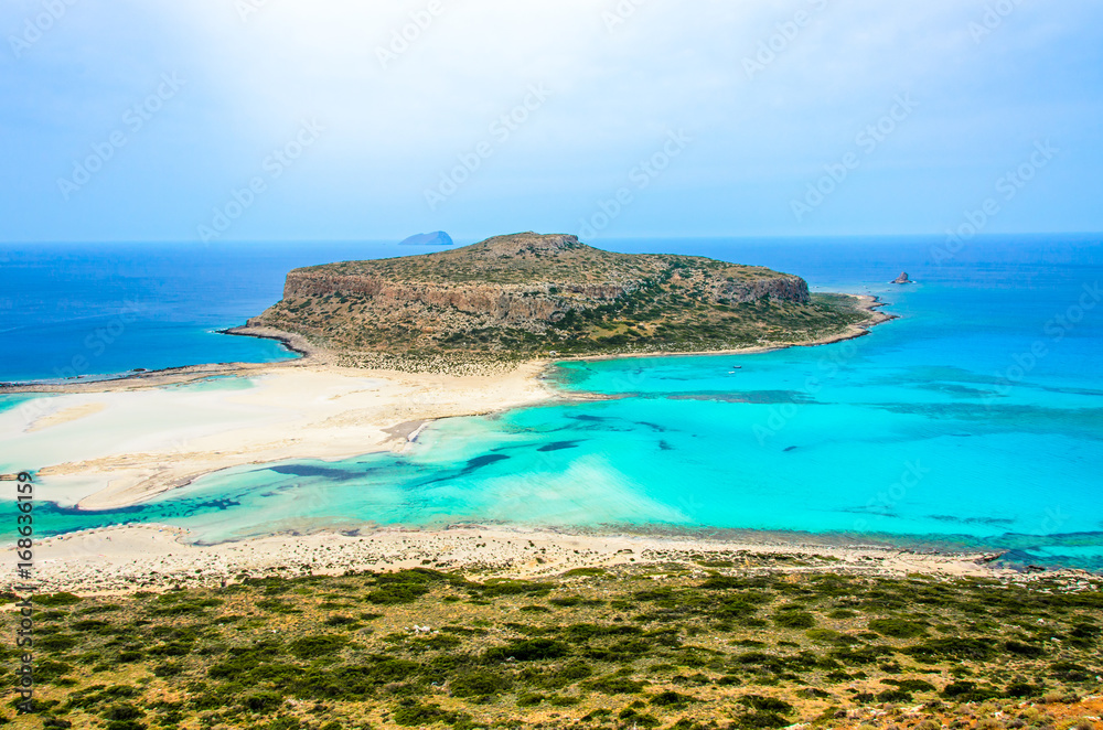 Paradise beach balos at beautiful bay and coast - View over Balos Lagoon, island on Crete, Greece