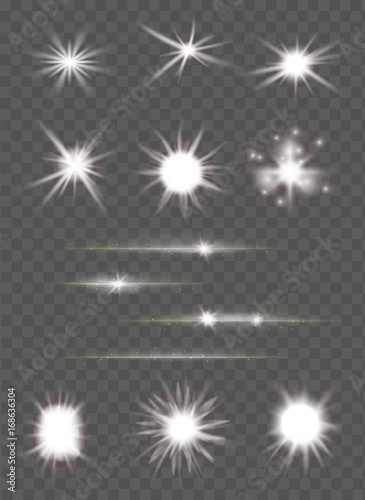 set of light flashes and lens flares over transparent background. glowing suns burst and bright glitter stars effect with sparkling rays. vector illustration © Ghen