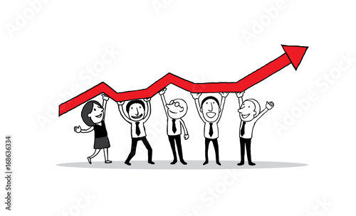 Group of people standing and holding indicator graph of growth in business. creative teamwork concept. isolated vector illustration outline hand drawn doodle line art cartoon design character.