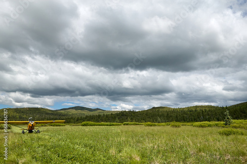 фотографія Small aircraft taking off on scenic grassy runway