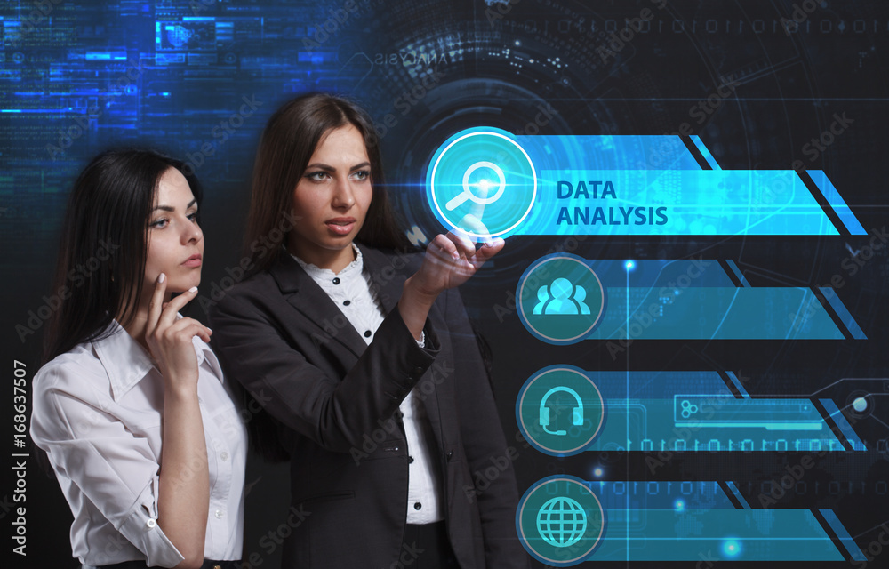 The concept of business, technology, the Internet and the network. A young entrepreneur working on a virtual screen of the future and sees the inscription: Data analysis