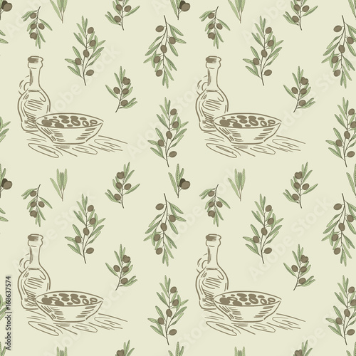Vector seamless pattern with ripe green olives and bottle of oil on beige. Background design for olive oil, natural cosmetics. Best for wrapping paper. Seamless with olive branch, bottle of olive oil.