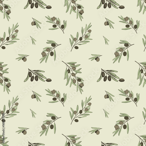 Vector seamless pattern with ripe green olives and branches on beige. Background design for olive oil, natural cosmetics. Best for wrapping paper. Seamless with olive branch and rape black olives.