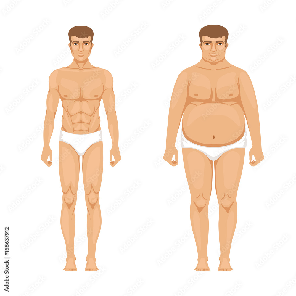 Visualization of weight loss. Muscular and fat man. Vector cartoon illustration of lifestyle Visualization of weight loss. Muscular and fat man. Vector cartoon illustration of lifestyle