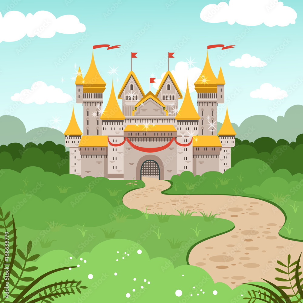 Fantasy landscape with fairytale castle. Vector illustration in cartoon style Fantasy landscape with fairytale castle. Vector illustration in cartoon style