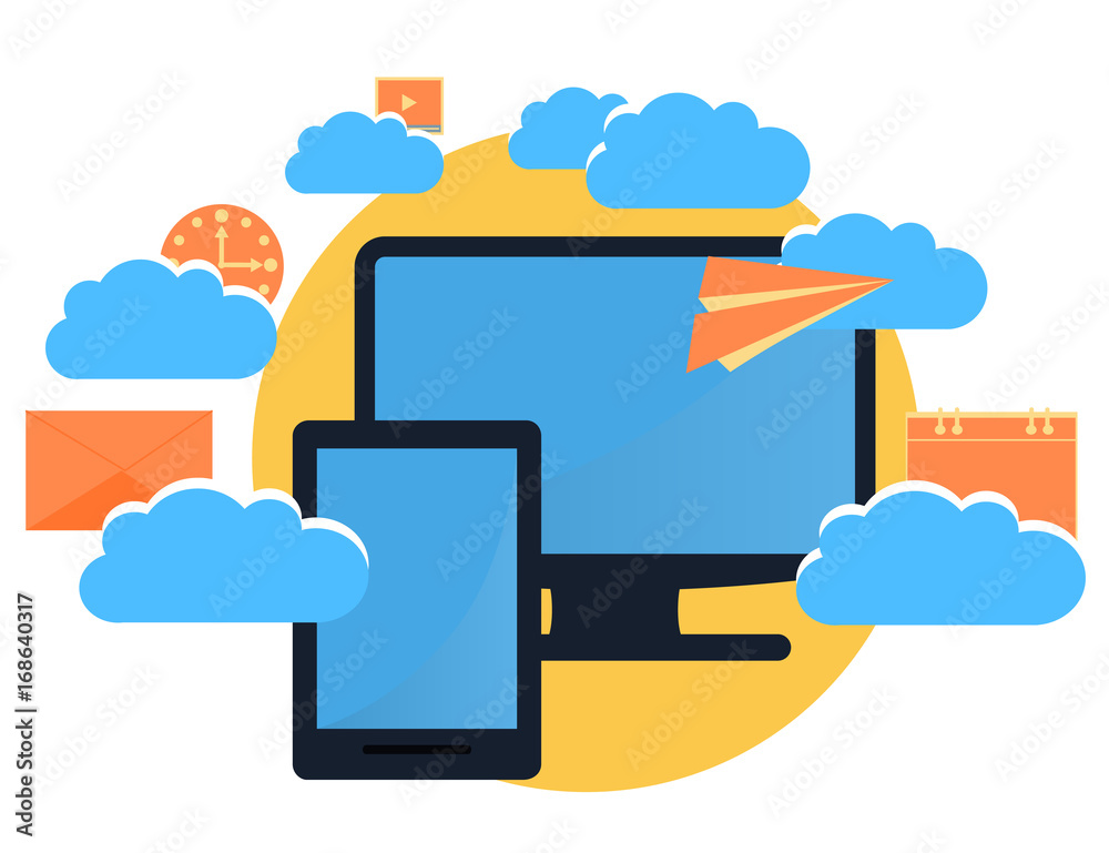 modern cloud services and Cloud Computing Elements Concept. Devices connected to the cloud with Gears. Flat Illustration. modern cloud services and Cloud Computing Elements Concept. Devices connected to the cloud with Gears. Flat Illustration.
