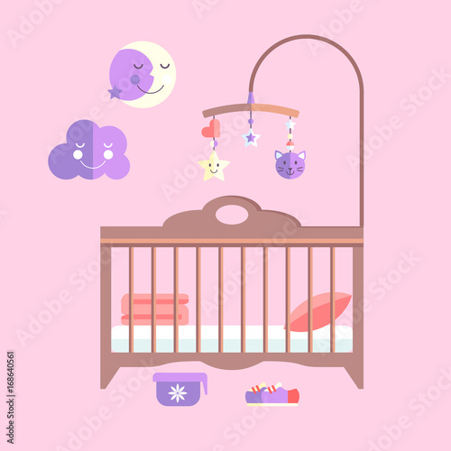 Vector flat baby bed. Infant bedroom with mobile