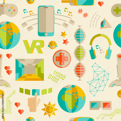 Doodle vector seamless pattern with virtual reality and innovati