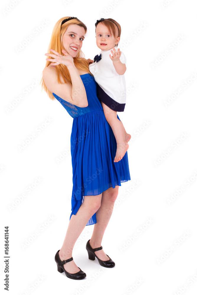 Two cousins on a white background. Infant and adult Two cousins on a white background. Infant and adult